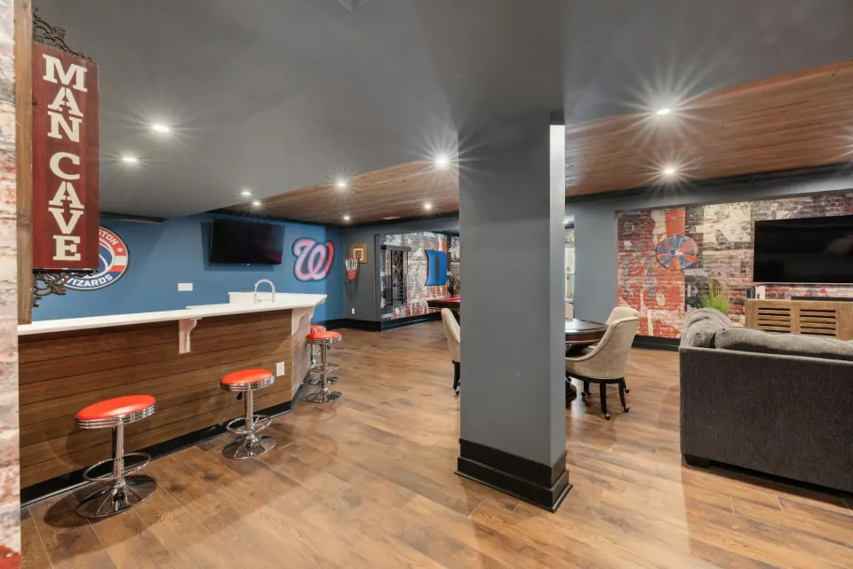 Cozy finished basement living room with sofa