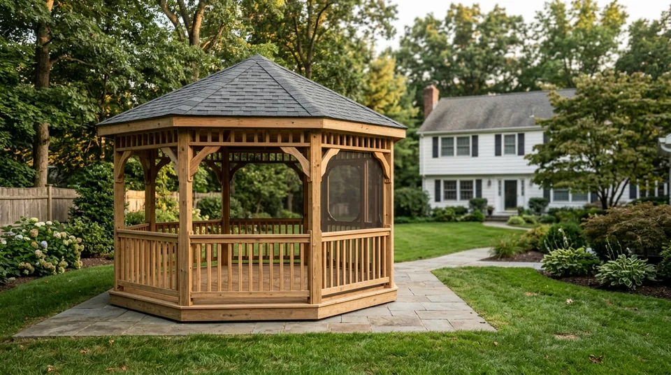 Cedar backyard gazebo with proper footings on a residential Bergen County NJ lot