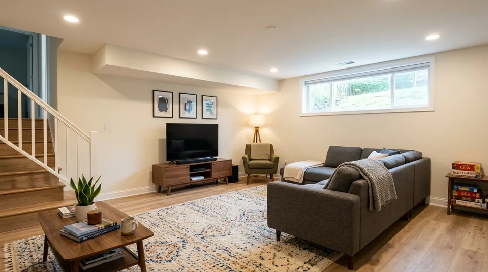 Finished basement living space in a Bergen County home