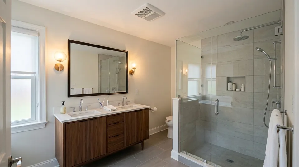Completed Bergen County bathroom with walk-in shower and proper ventilation