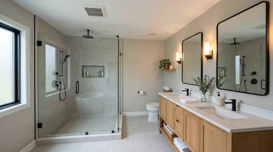 Custom walk-in shower with proper slope and glass in a Bergen County home