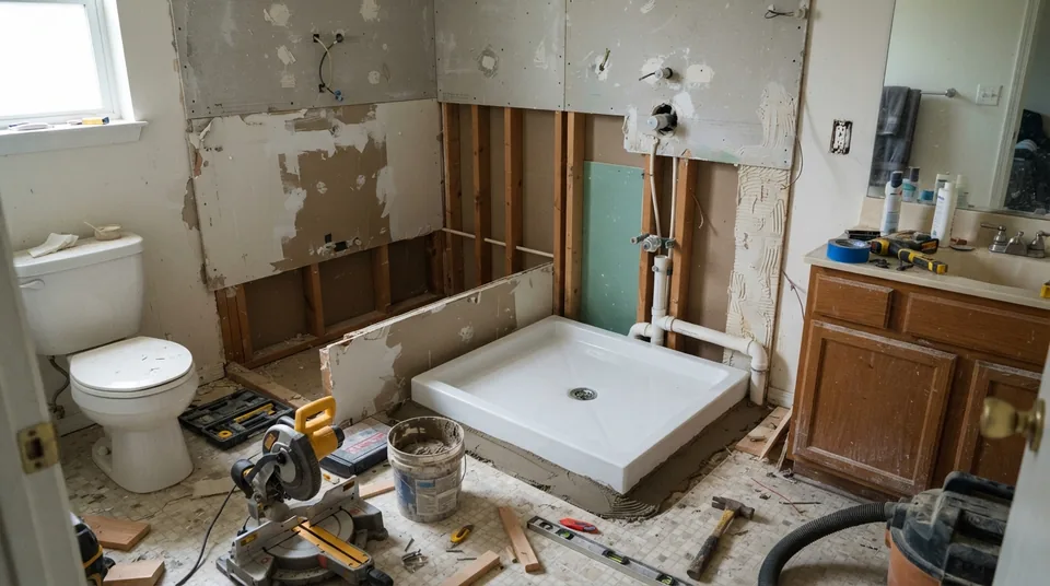 Tub-to-shower conversion in progress in a Bergen County bathroom