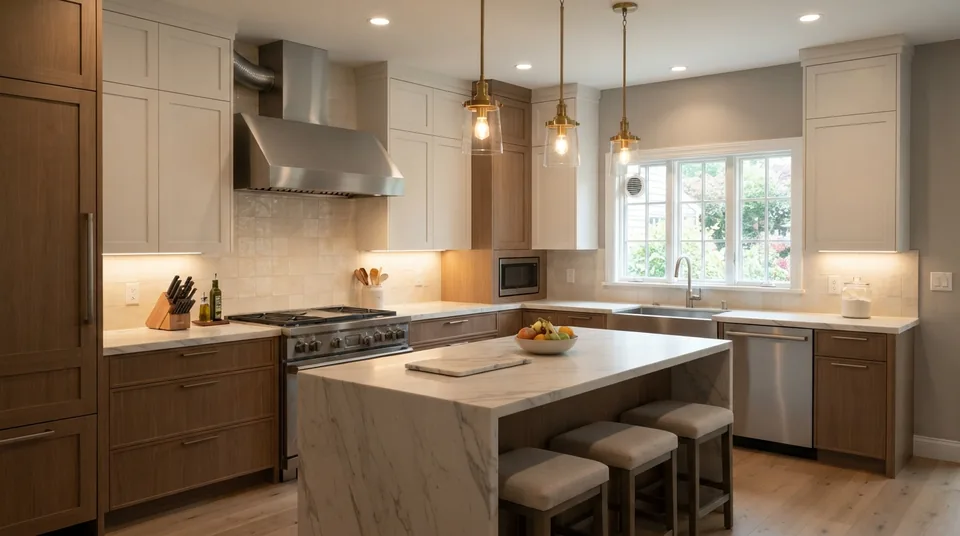Finished two-tone kitchen with marble waterfall island, pendants, and vented hood