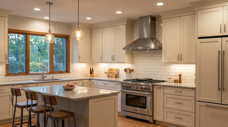 Completed kitchen renovation with proper ventilation and lighting