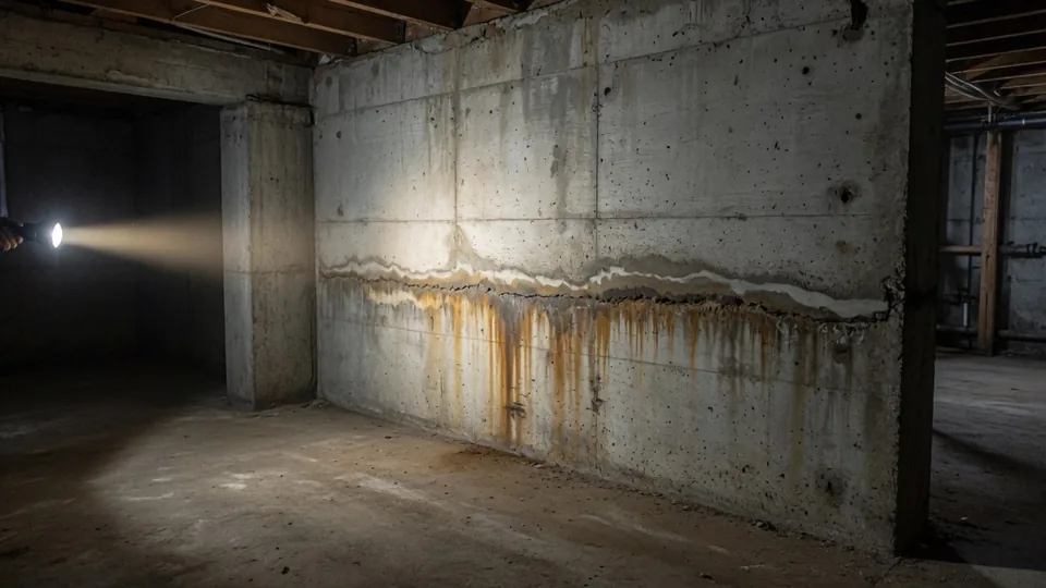 Moisture staining at the base of a basement foundation wall after wet weather