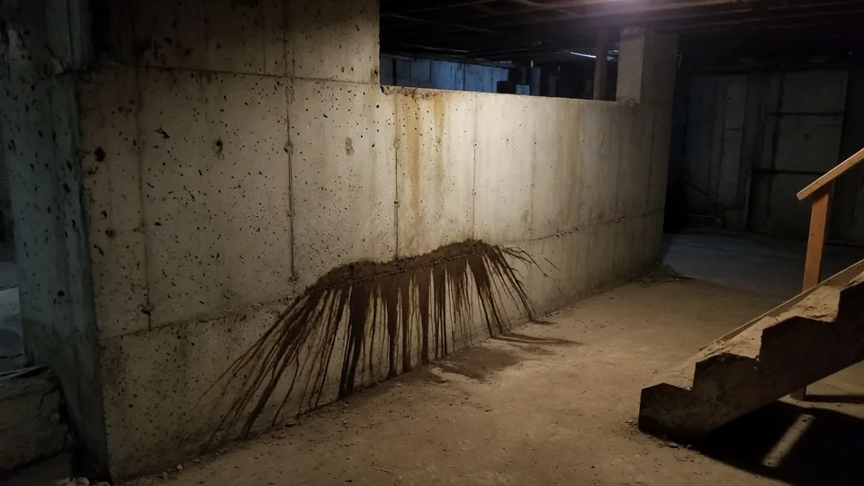 Seepage staining on an unfinished basement foundation wall