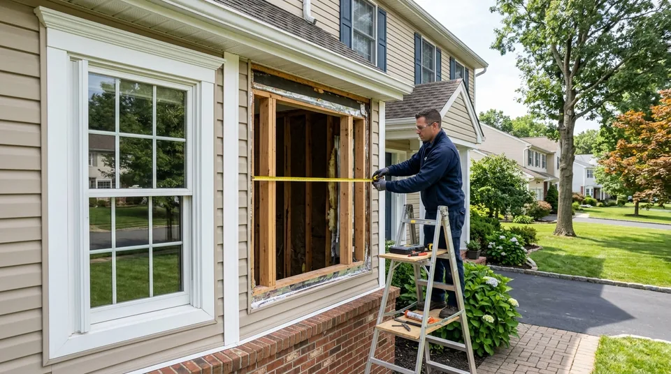 Installer measuring a window rough opening during replacement in a Bergen County home