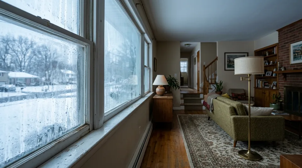 Condensation and fogging on an older residential window in winter light